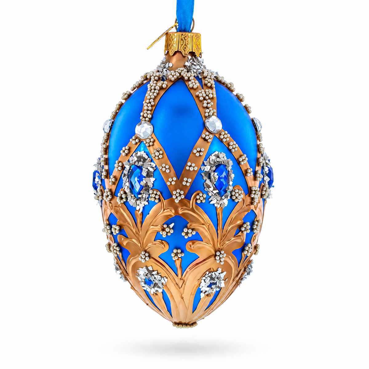 Royal Blue Jeweled Egg with Gold Filigree and Crystal Accents Glass Egg Ornament 4 Inches