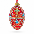 Red Jewel-Encrusted Egg with Gold Filigree and Crystal Floral Accents Glass Egg Ornament 4 Inches