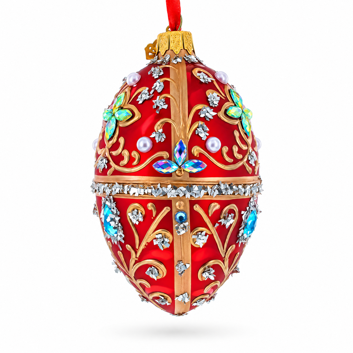 Red Jewel-Encrusted Egg with Gold Filigree and Crystal Floral Accents Glass Egg Ornament 4 Inches