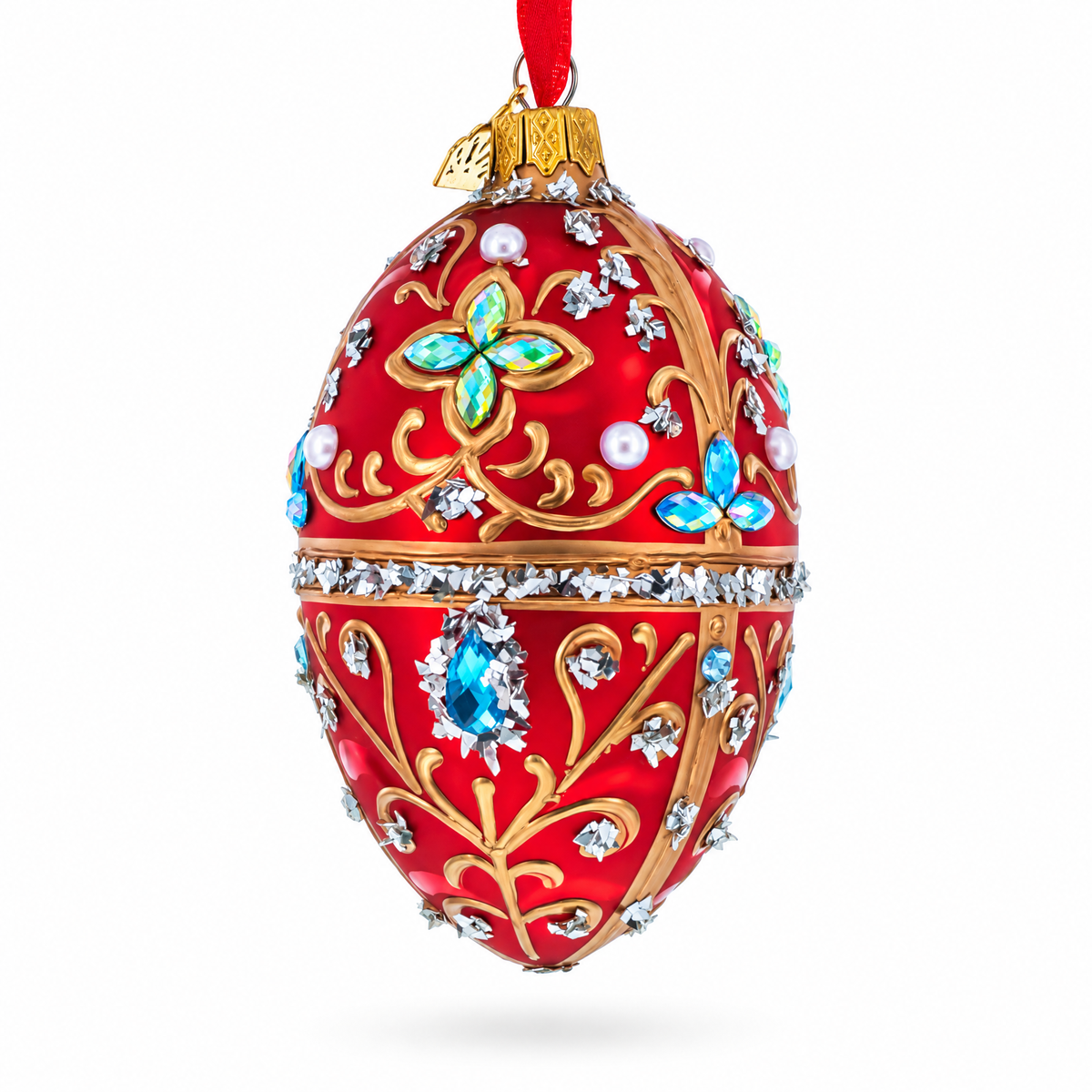 Red Jewel-Encrusted Egg with Gold Filigree and Crystal Floral Accents Glass Egg Ornament 4 Inches