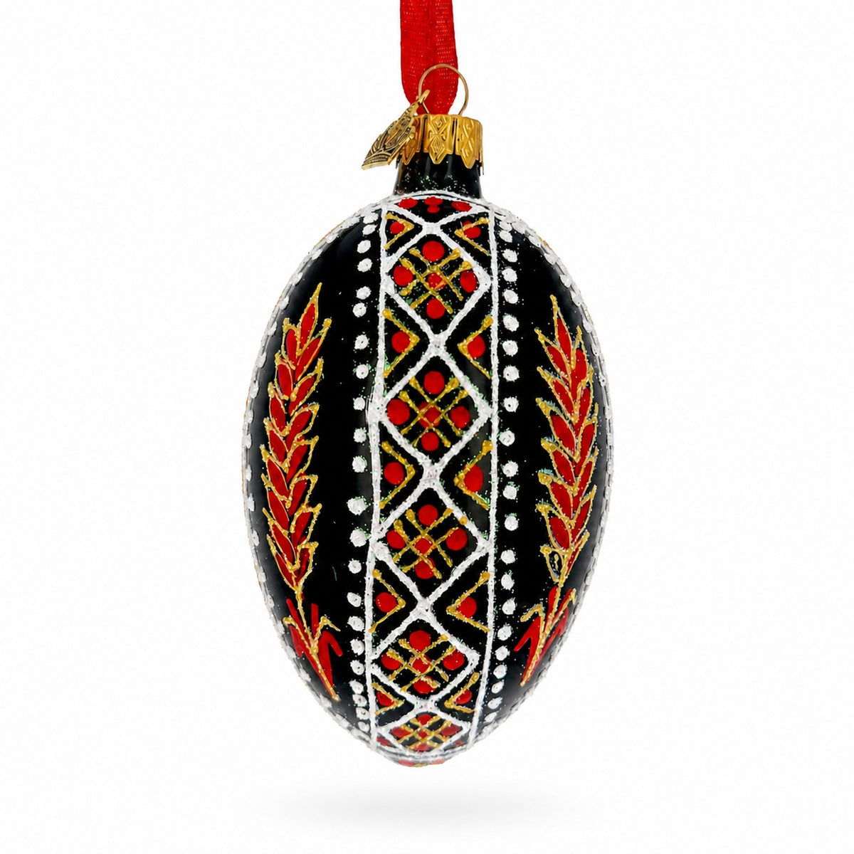 Ukrainian Folk Art Black Geometric Wheat Motif Glass Egg Ornament