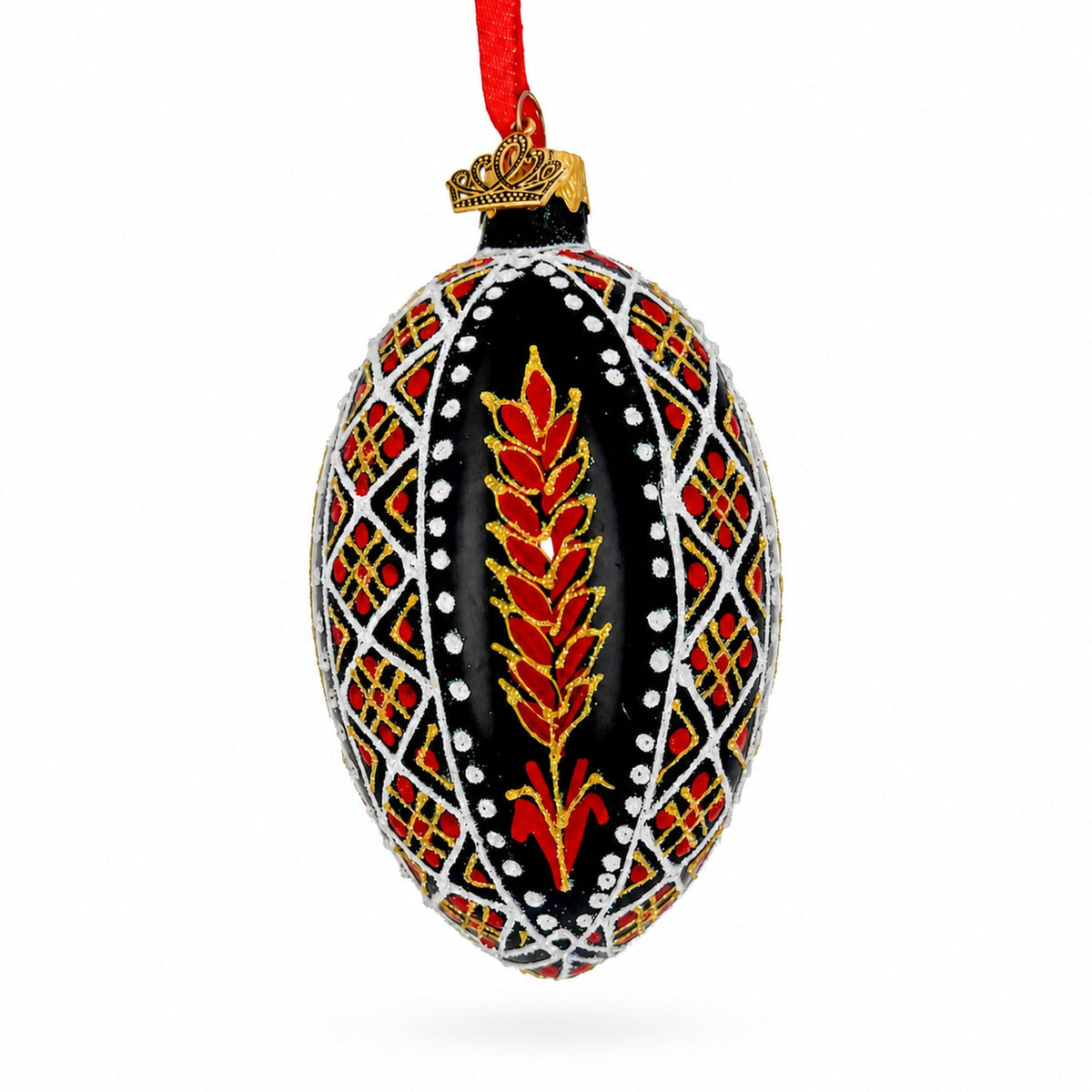 Ukrainian Folk Art Black Geometric Wheat Motif Glass Egg Ornament