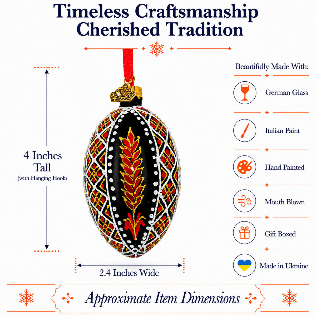 Ukrainian Folk Art Black Geometric Wheat Motif Glass Egg Ornament