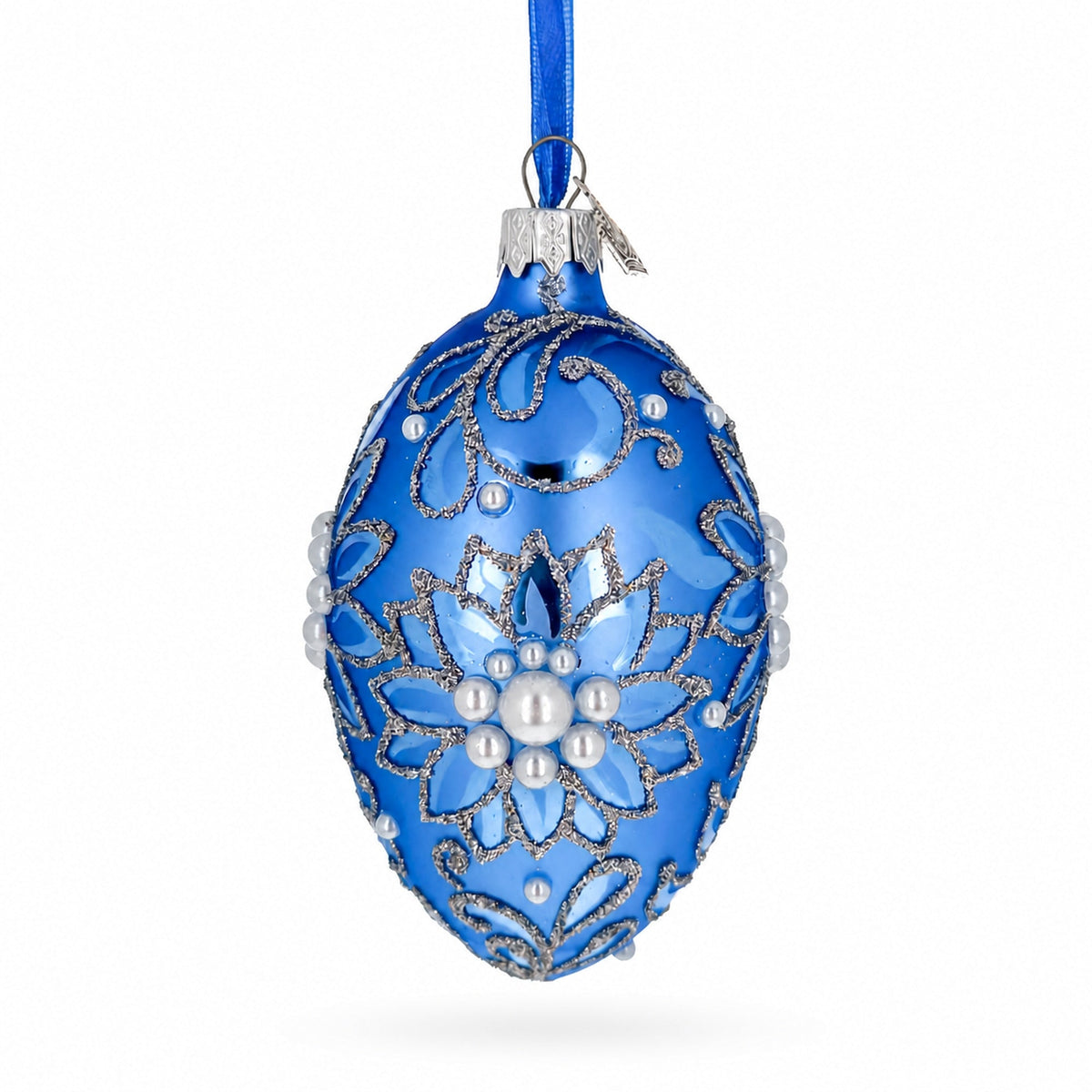 Jeweled Blue Floral Pearl Glass Egg Ornament