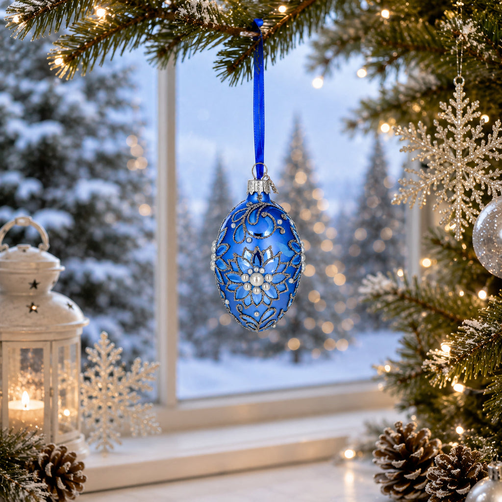 Jeweled Blue Floral Pearl Glass Egg Ornament