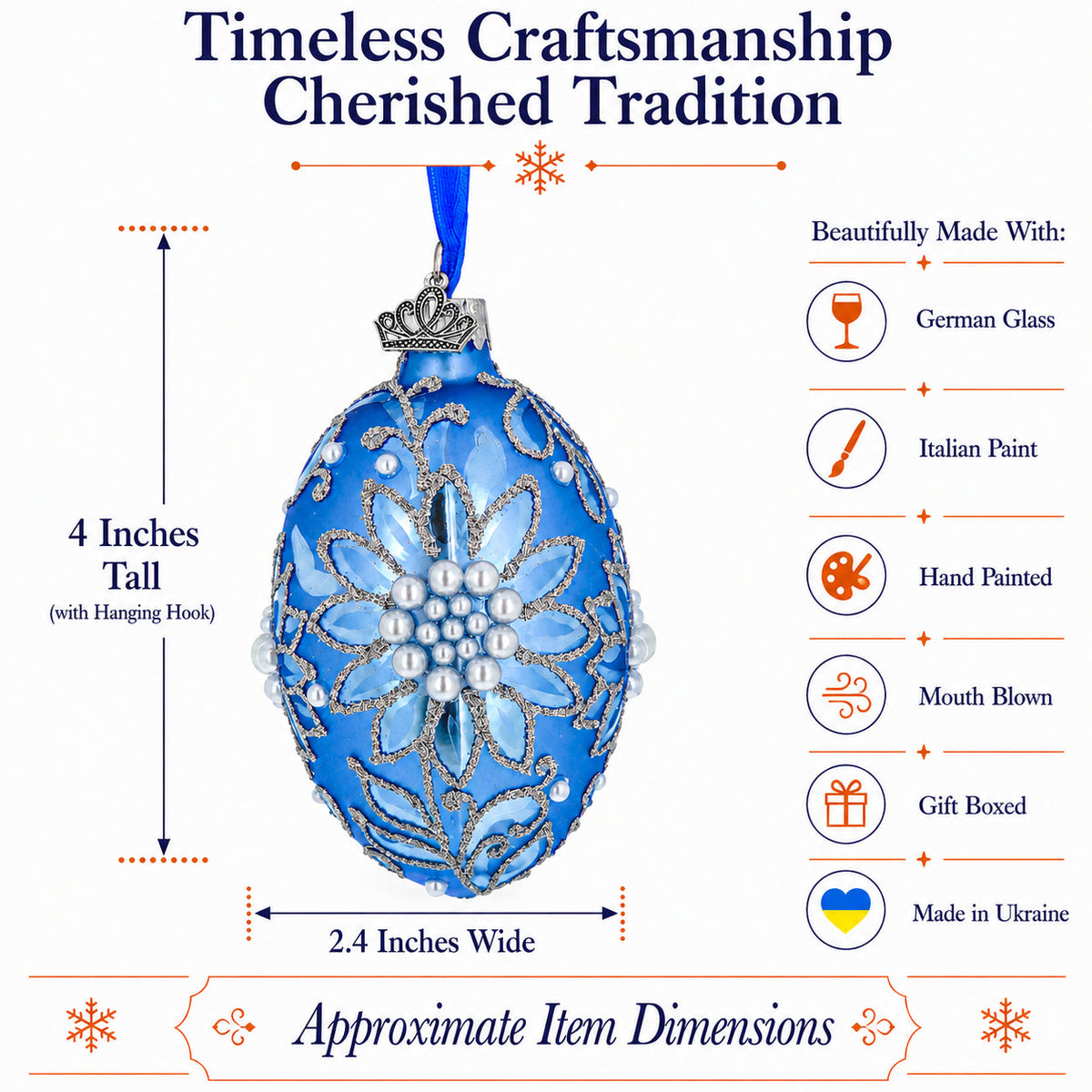 Jeweled Blue Floral Pearl Glass Egg Ornament