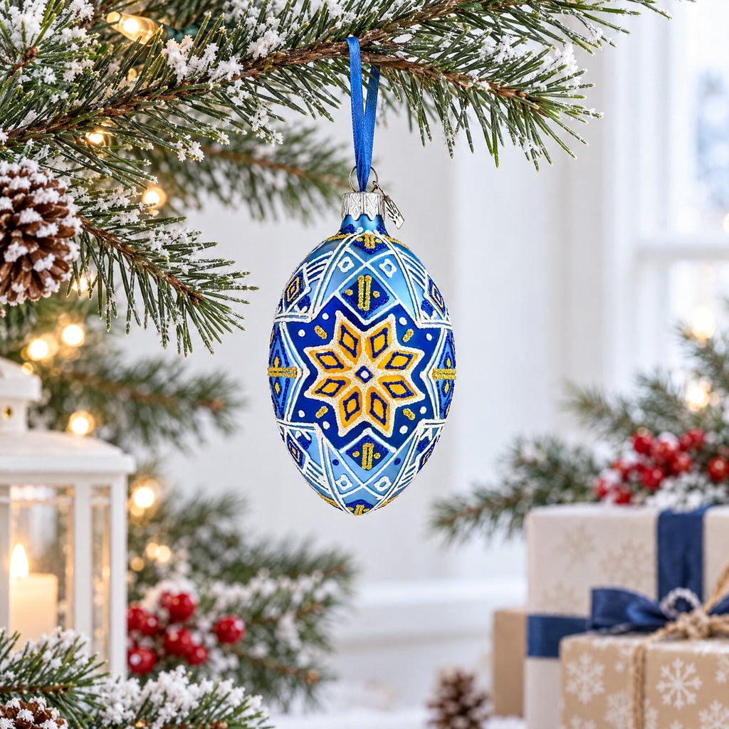 Ornate Blue Diamond Pattern Floral Star Glass Egg Ornament