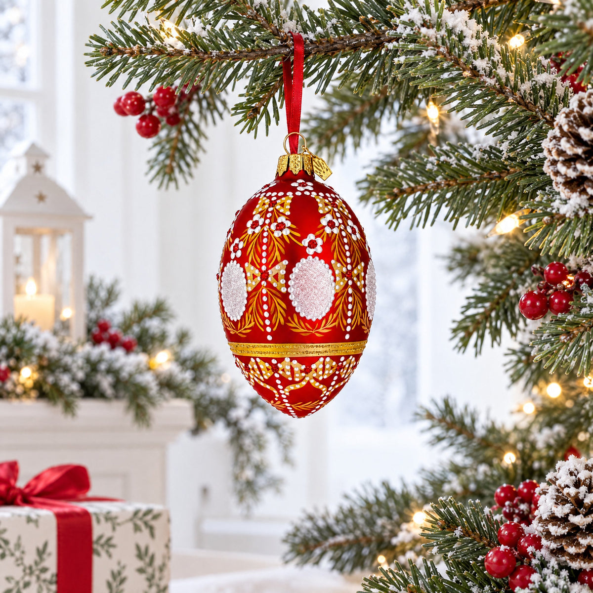 Ornate Floral Medallion on Matte Red Glass Egg Ornament