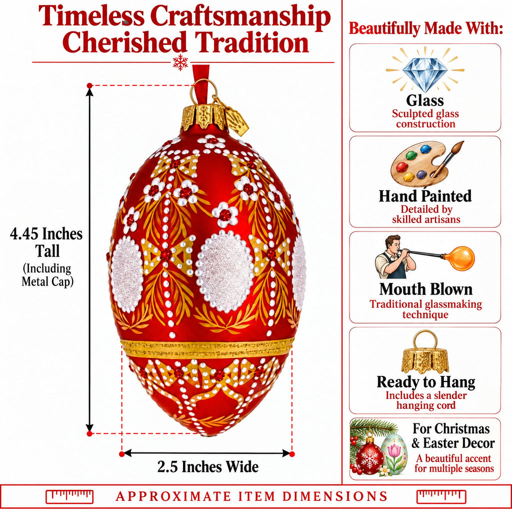 Ornate Floral Medallion on Matte Red Glass Egg Ornament