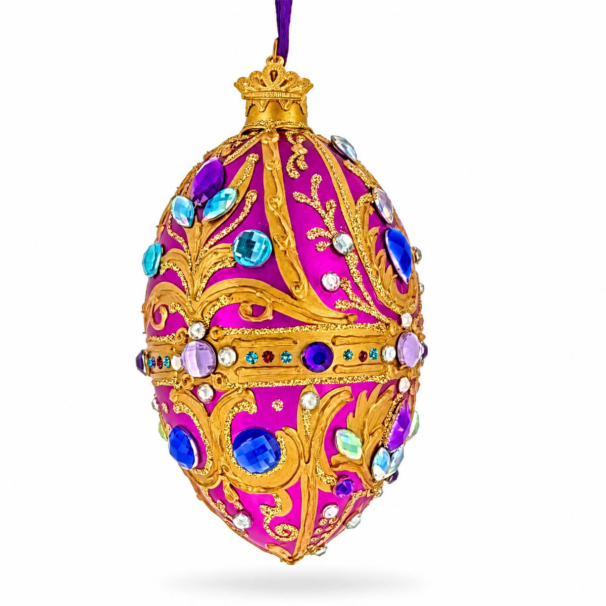 Magenta Purple Jeweled Glitter Scrollwork Glass Egg Christmas Ornament