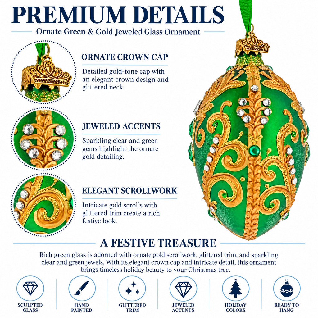 Jeweled Emerald Green Gold Scrollwork Glass Egg Ornament