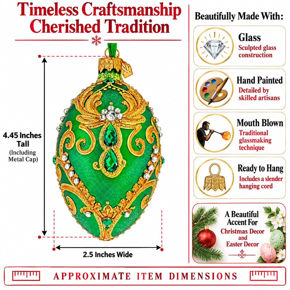 Jeweled Emerald Green Gold Scrollwork Glass Egg Ornament