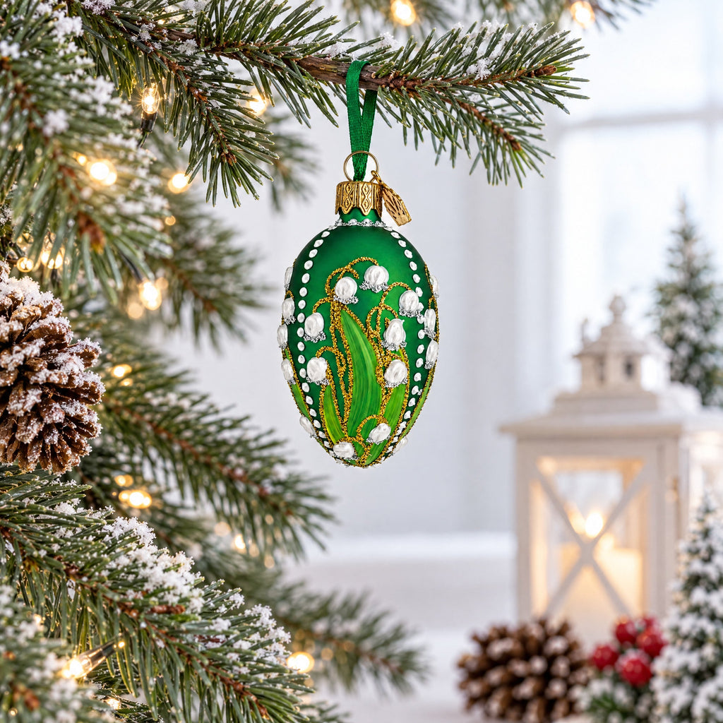 Lily of the Valley on Green Glass Egg Ornament
