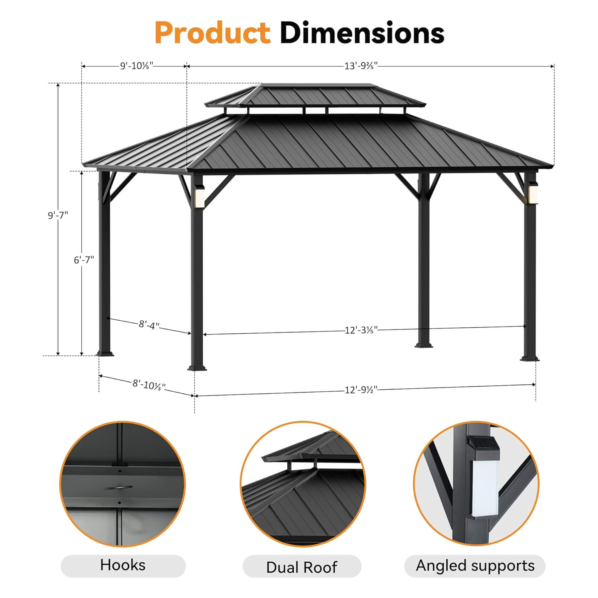 Cenador de Lujo de Aluminio con Techo Rígido Doble Alora con Ganchos Decorativos, Mosquiteros y Luces LED (SAK91824)