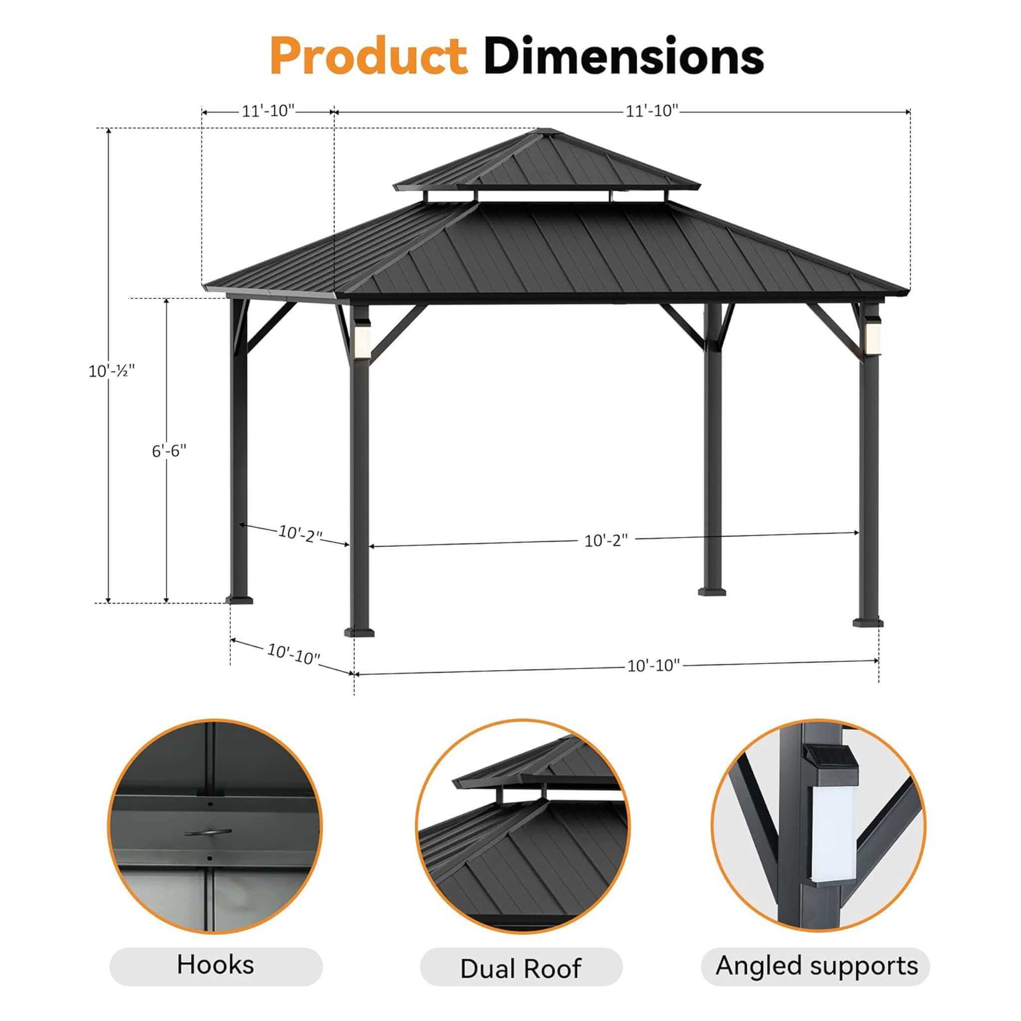 Cenador de Lujo de Aluminio con Techo Rígido Doble Alora con Ganchos Decorativos, Mosquiteros y Luces LED (SAK91824)