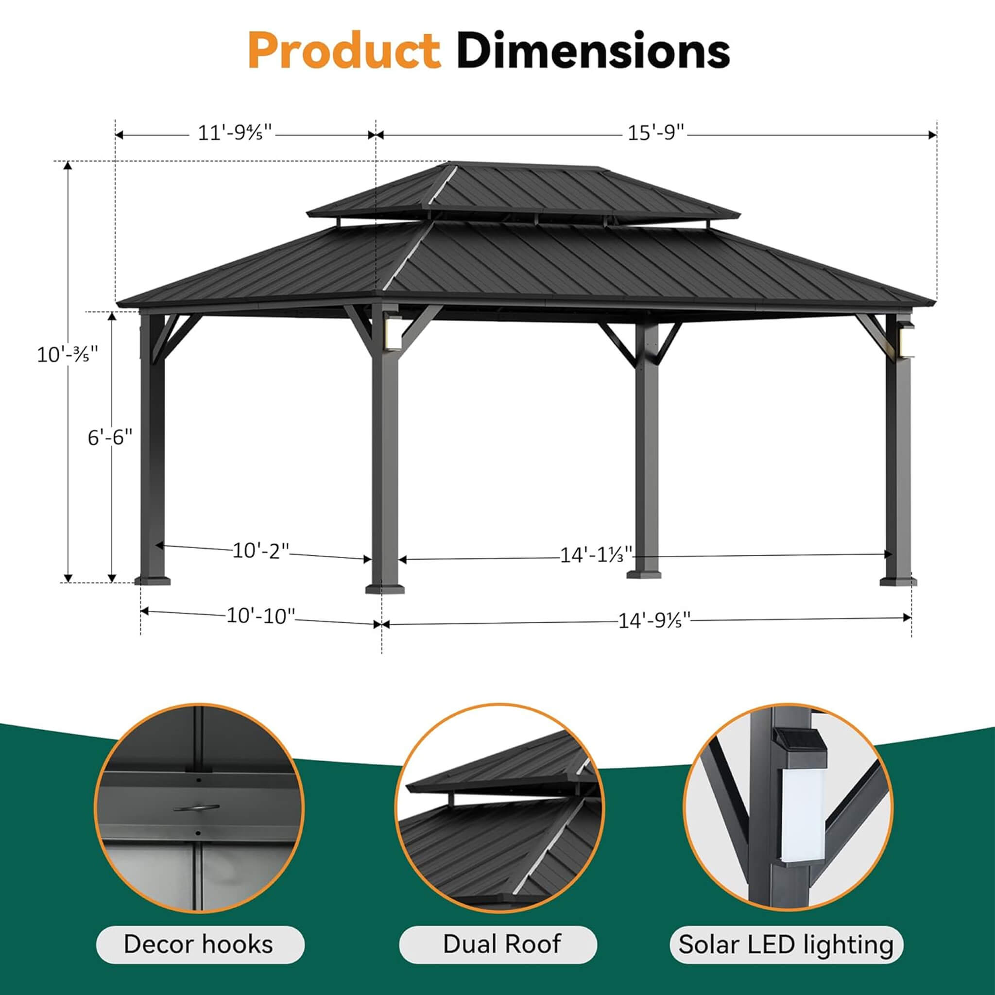 Cenador de Lujo de Aluminio con Techo Rígido Doble Alora con Ganchos Decorativos, Mosquiteros y Luces LED (SAK91824)