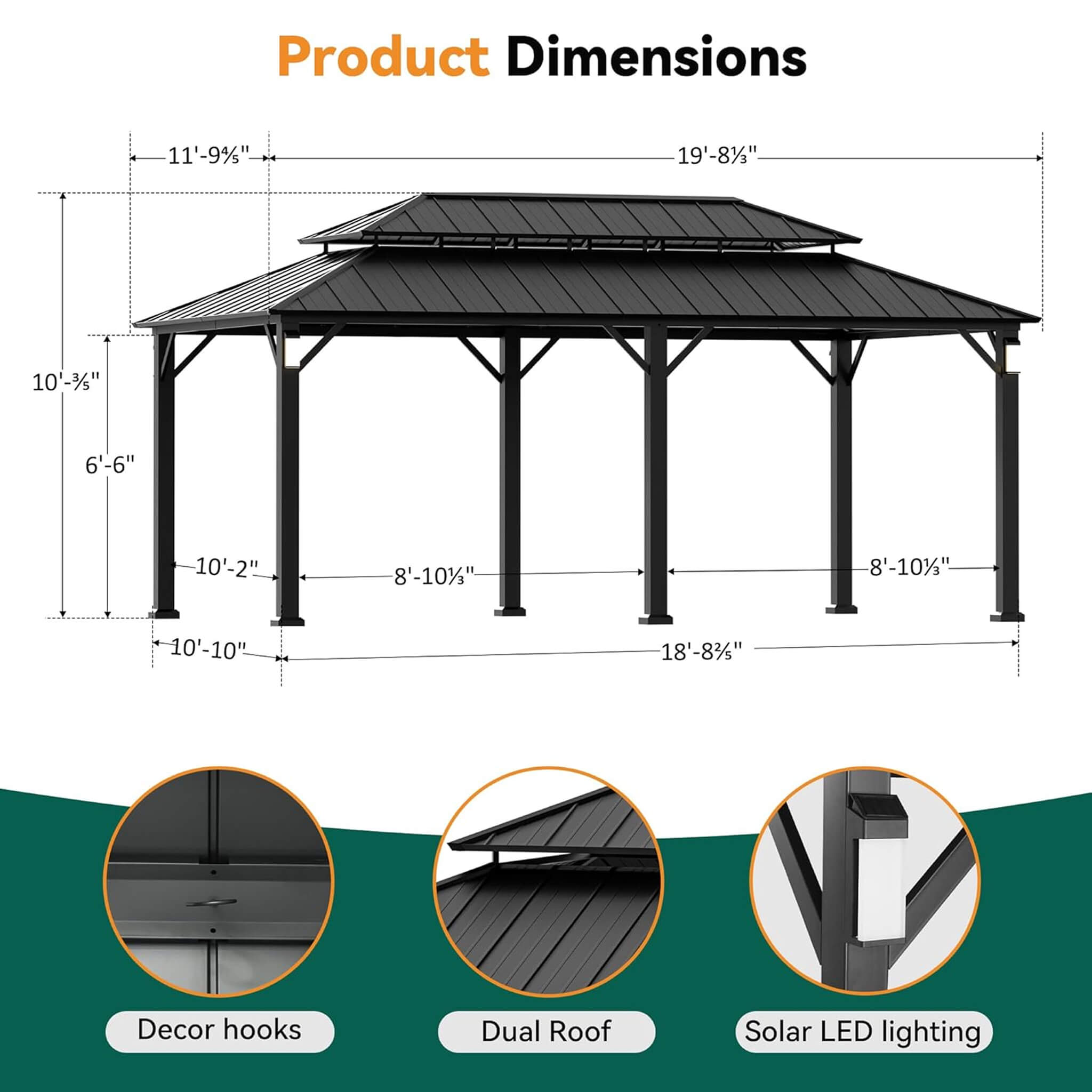 Cenador de Lujo de Aluminio con Techo Rígido Doble Alora con Ganchos Decorativos, Mosquiteros y Luces LED (SAK91824)