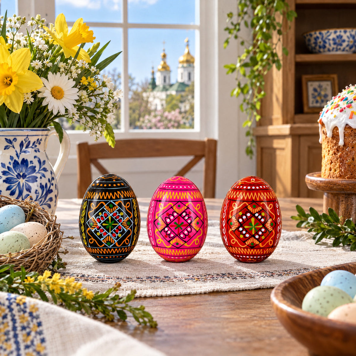 Set of 3 Red Shades Geometric Ukrainian Pysanky Wooden Easter Eggs 2.5 Inches