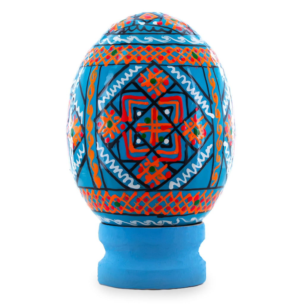 Geometrical Blue Ukrainian Wooden Easter Egg Pysanka on a Stand 3 Inches