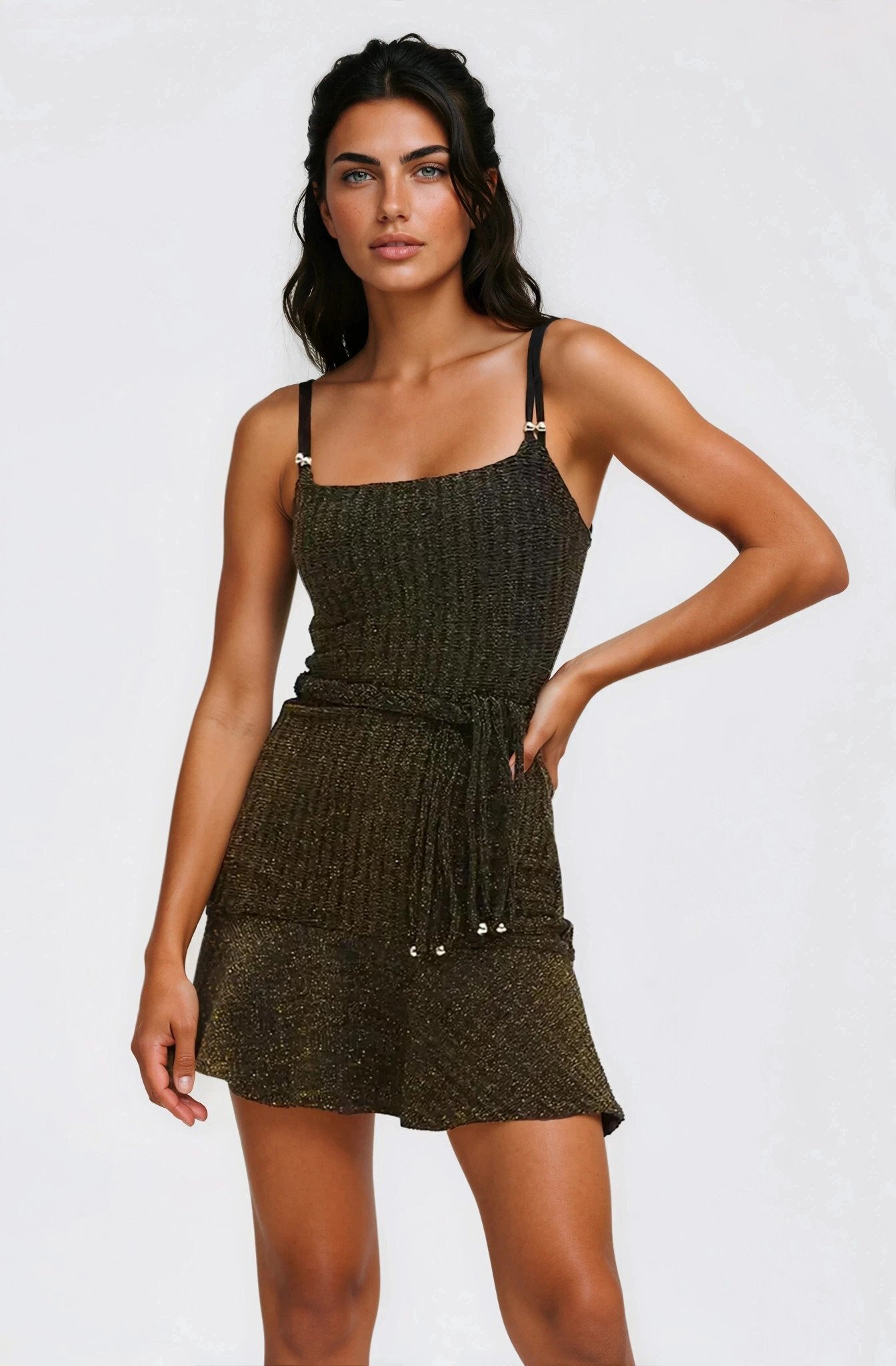 Metallic Knit Mini Dress – Black