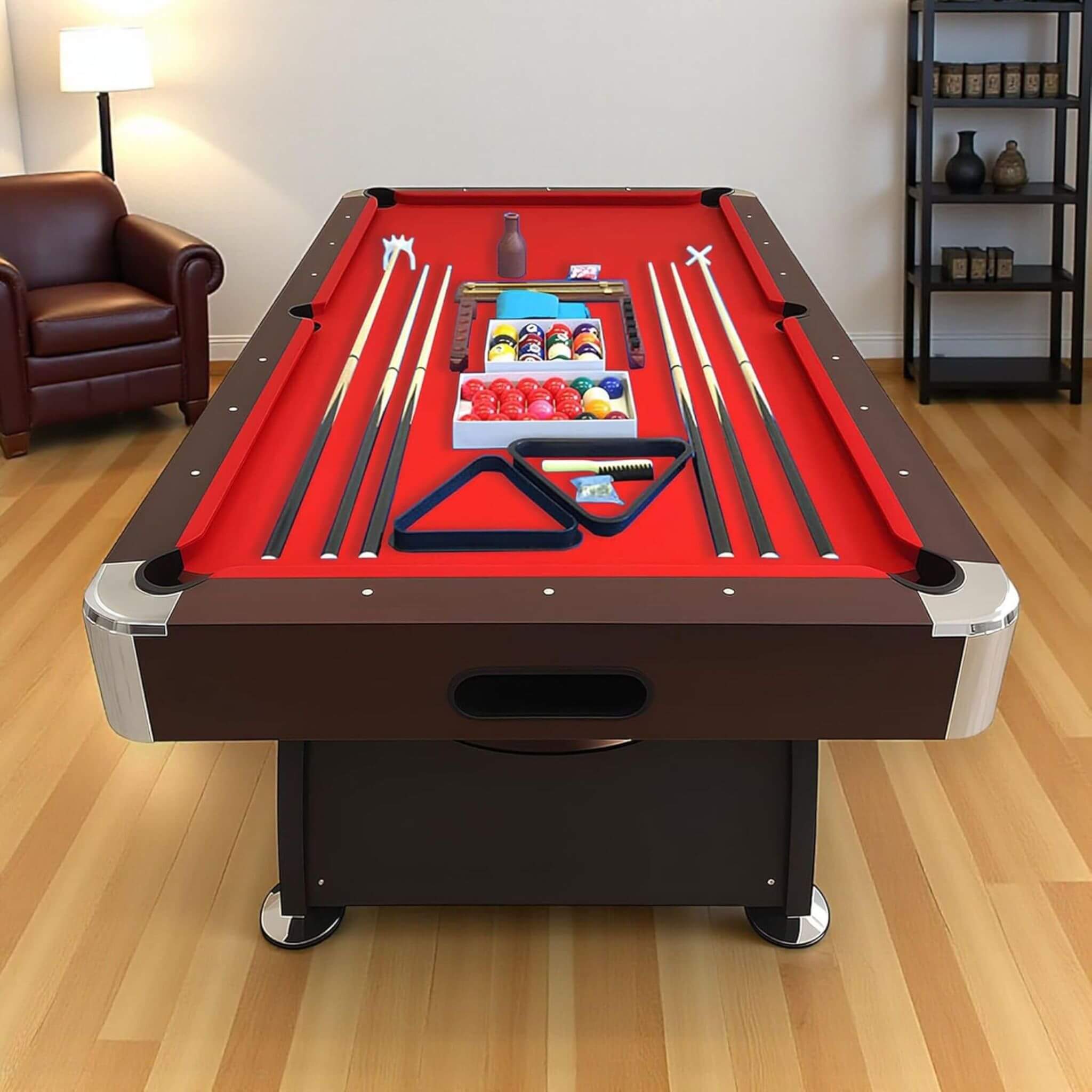 Mesa de billar moderna de 8 pies con tapete rojo, retorno automático de bolas y kit de accesorios (SAK76139)