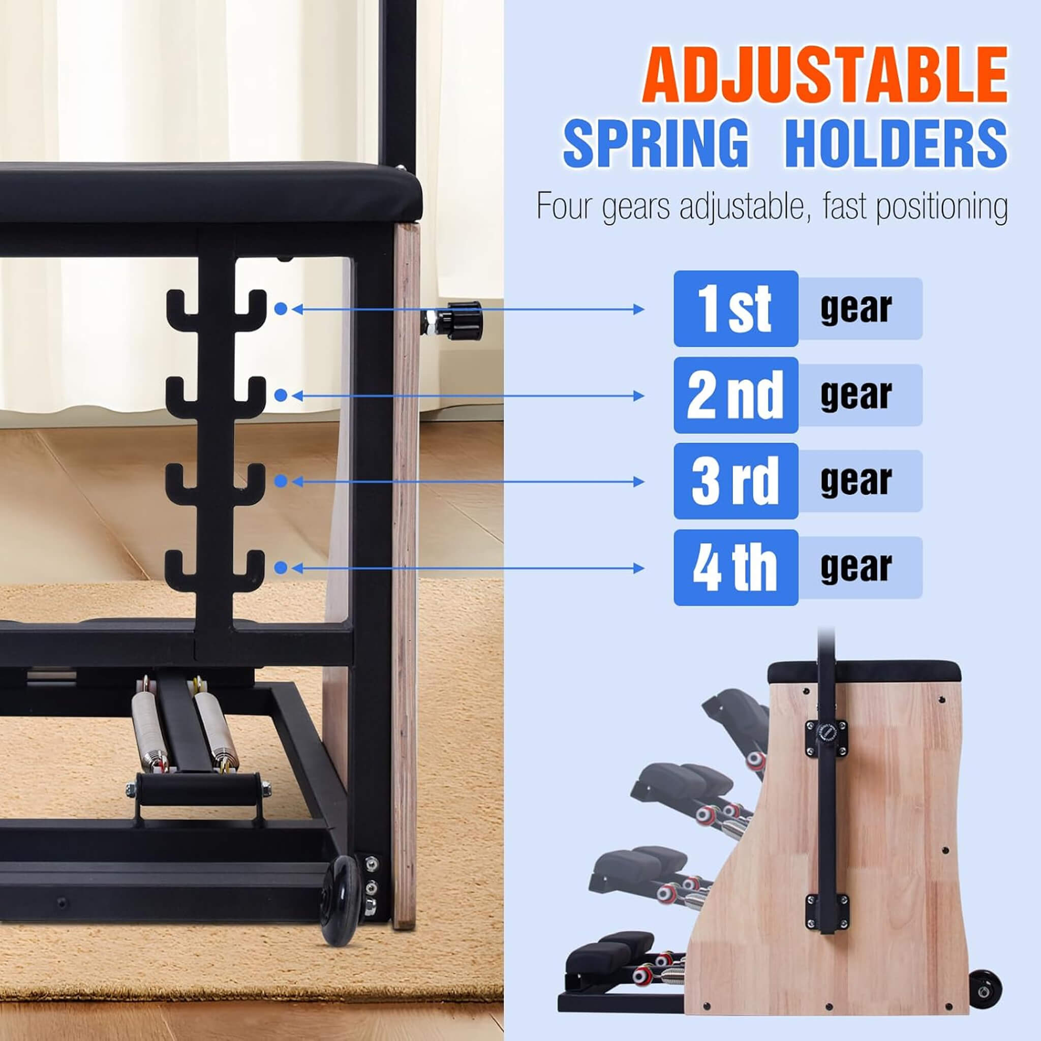 Silla Reformer De Pilates Multifuncional De Madera Maciza Core Pilates Con Resortes Ajustables Y Pedales Divididos (SAK27581)