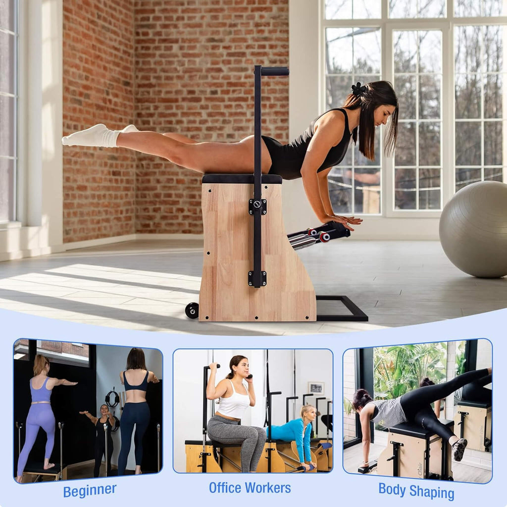 Silla Reformer De Pilates Multifuncional De Madera Maciza Core Pilates Con Resortes Ajustables Y Pedales Divididos (SAK27581)
