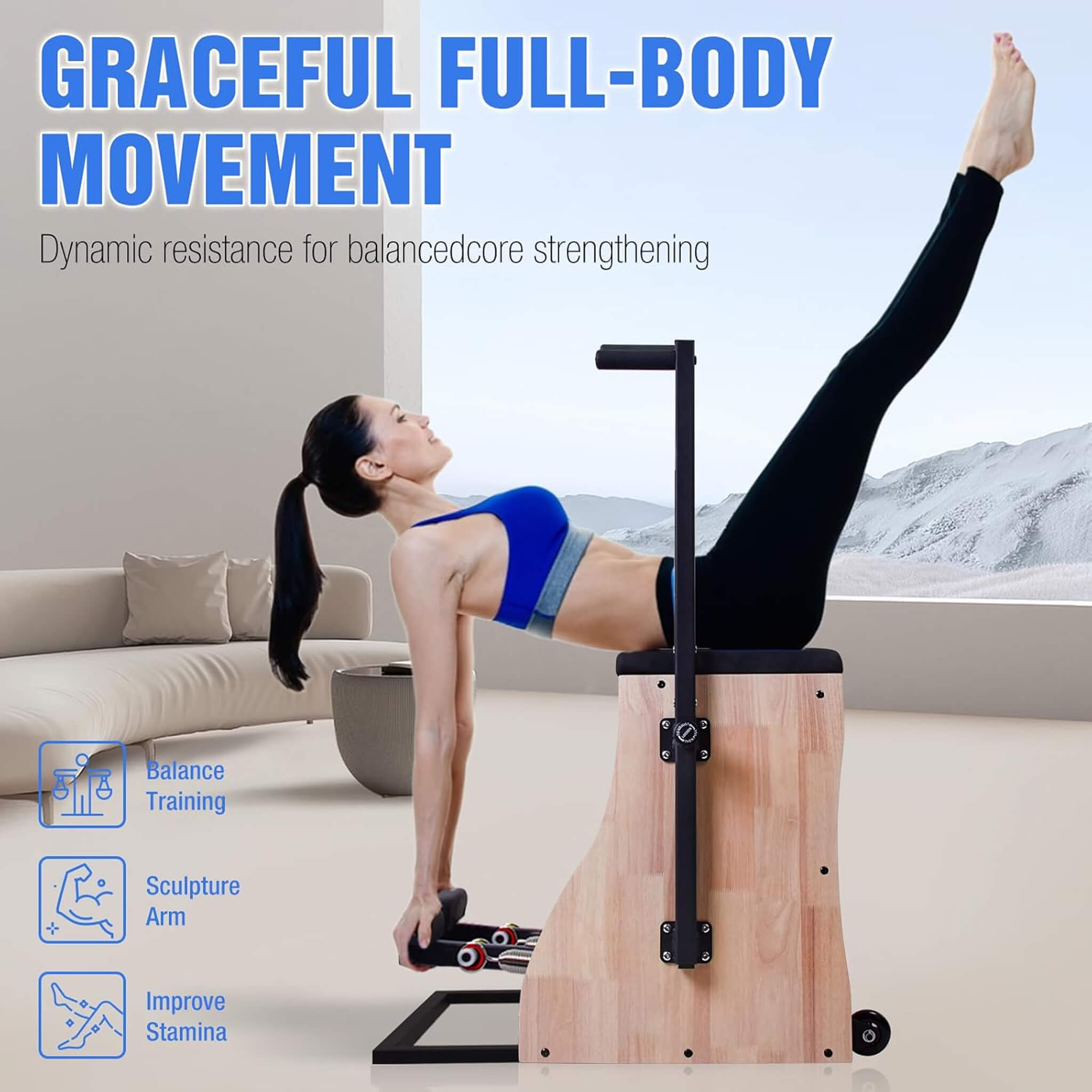 Silla Reformer De Pilates Multifuncional De Madera Maciza Core Pilates Con Resortes Ajustables Y Pedales Divididos (SAK27581)