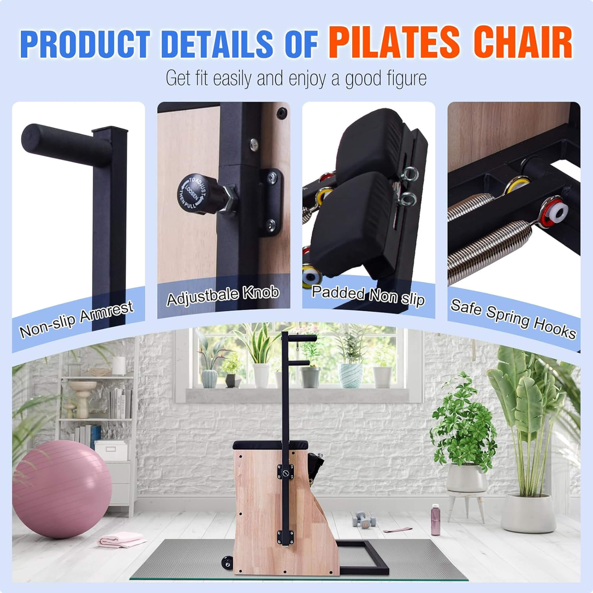 Silla Reformer De Pilates Multifuncional De Madera Maciza Core Pilates Con Resortes Ajustables Y Pedales Divididos (SAK27581)