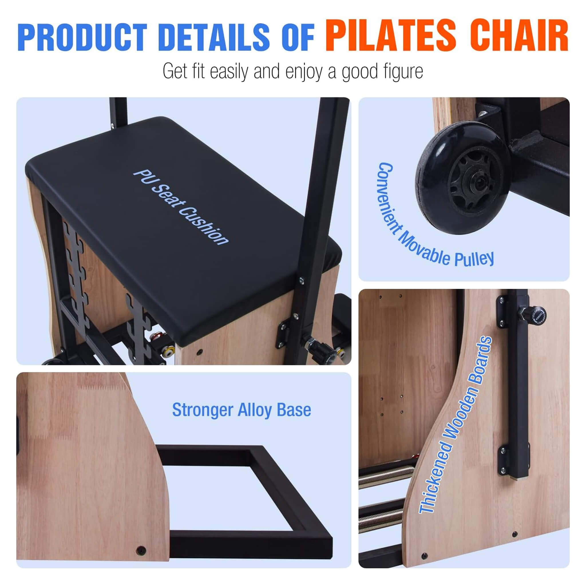 Silla Reformer De Pilates Multifuncional De Madera Maciza Core Pilates Con Resortes Ajustables Y Pedales Divididos (SAK27581)