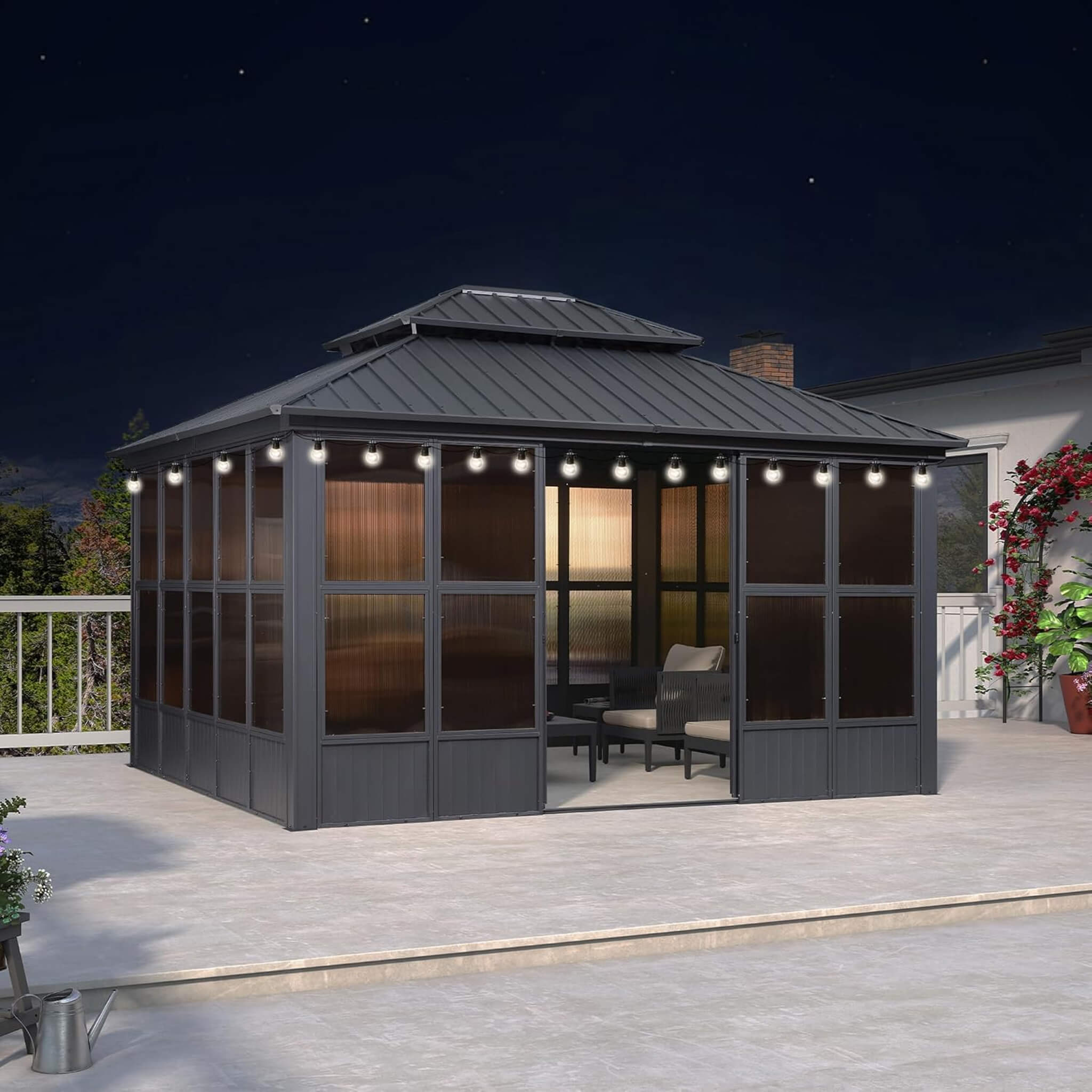 Solárium de aluminio con techo duro, doble techo y luces LED Alora Vista para exteriores (SAK42086)