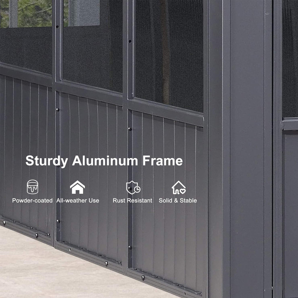 Solárium de aluminio con techo duro, doble techo y luces LED Alora Vista para exteriores (SAK42086)