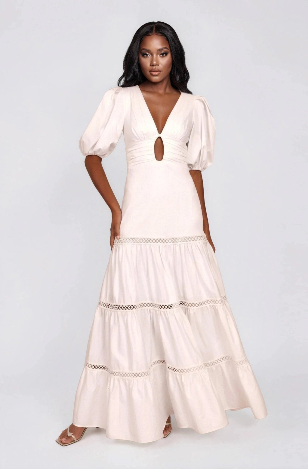 Plunge Sleeve Long Dress – White