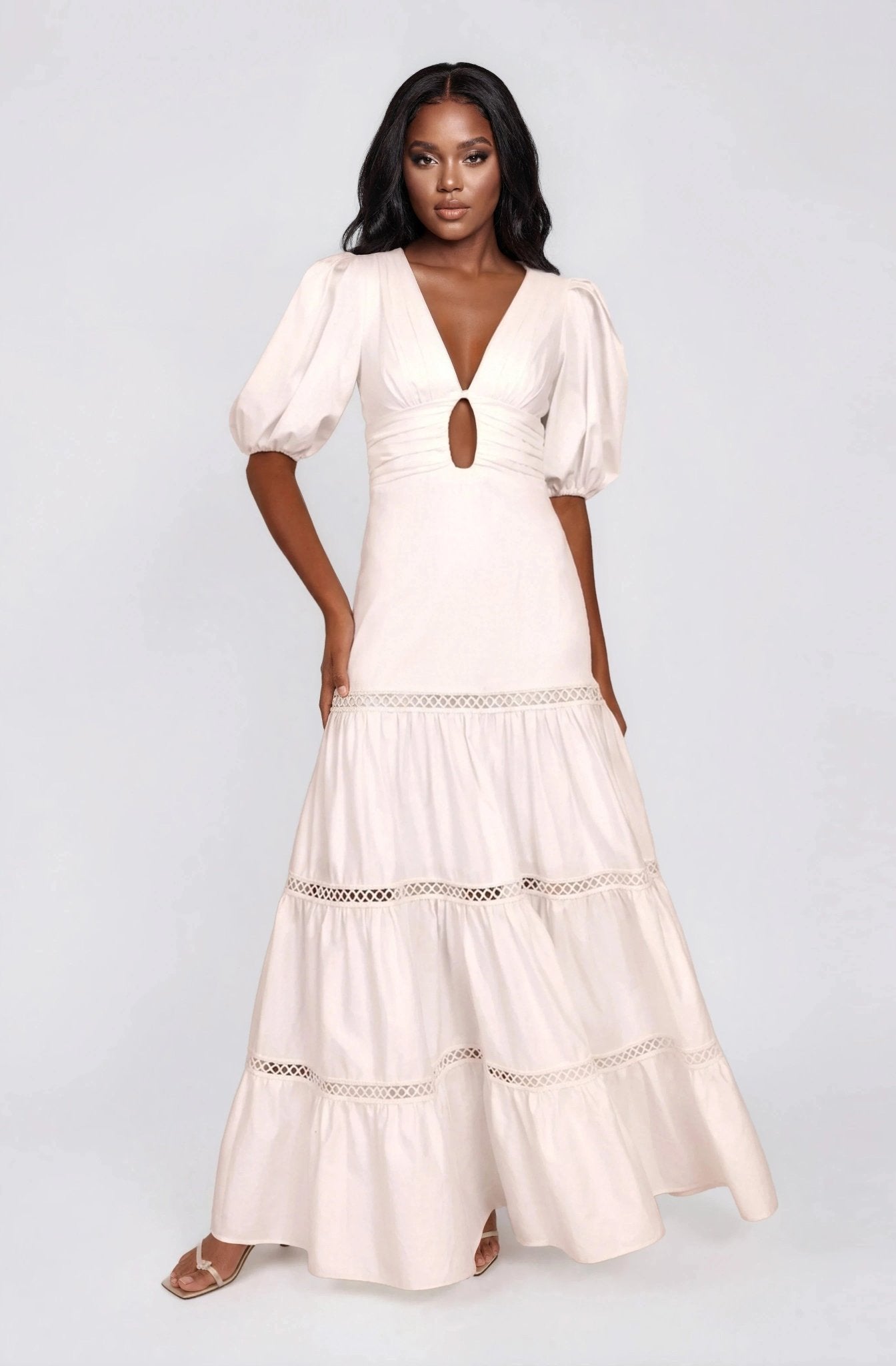 Plunge Sleeve Long Dress – White