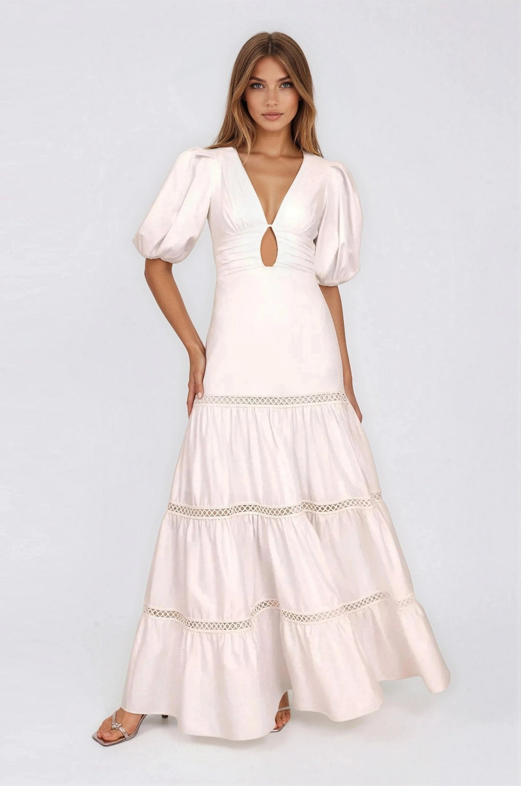 Plunge Sleeve Long Dress – White