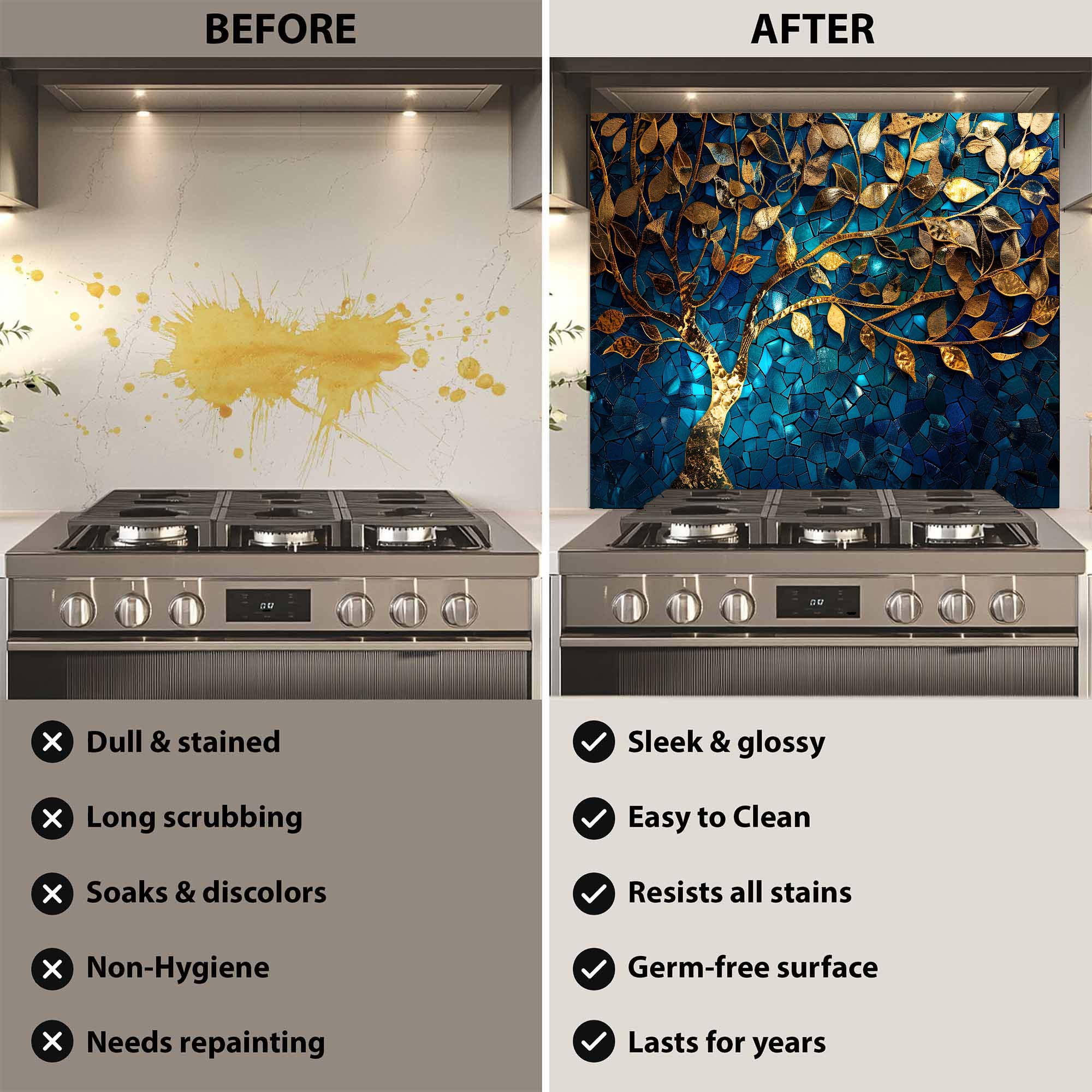 Custom Kitchen Backsplash – Golden Mosaic Look Tree Tempered Glass Backsplash