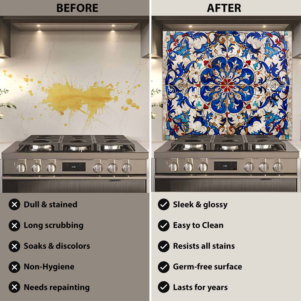 Custom Kitchen Backsplash – Ottoman Blue Tile Tempered Glass Stove Backsplash