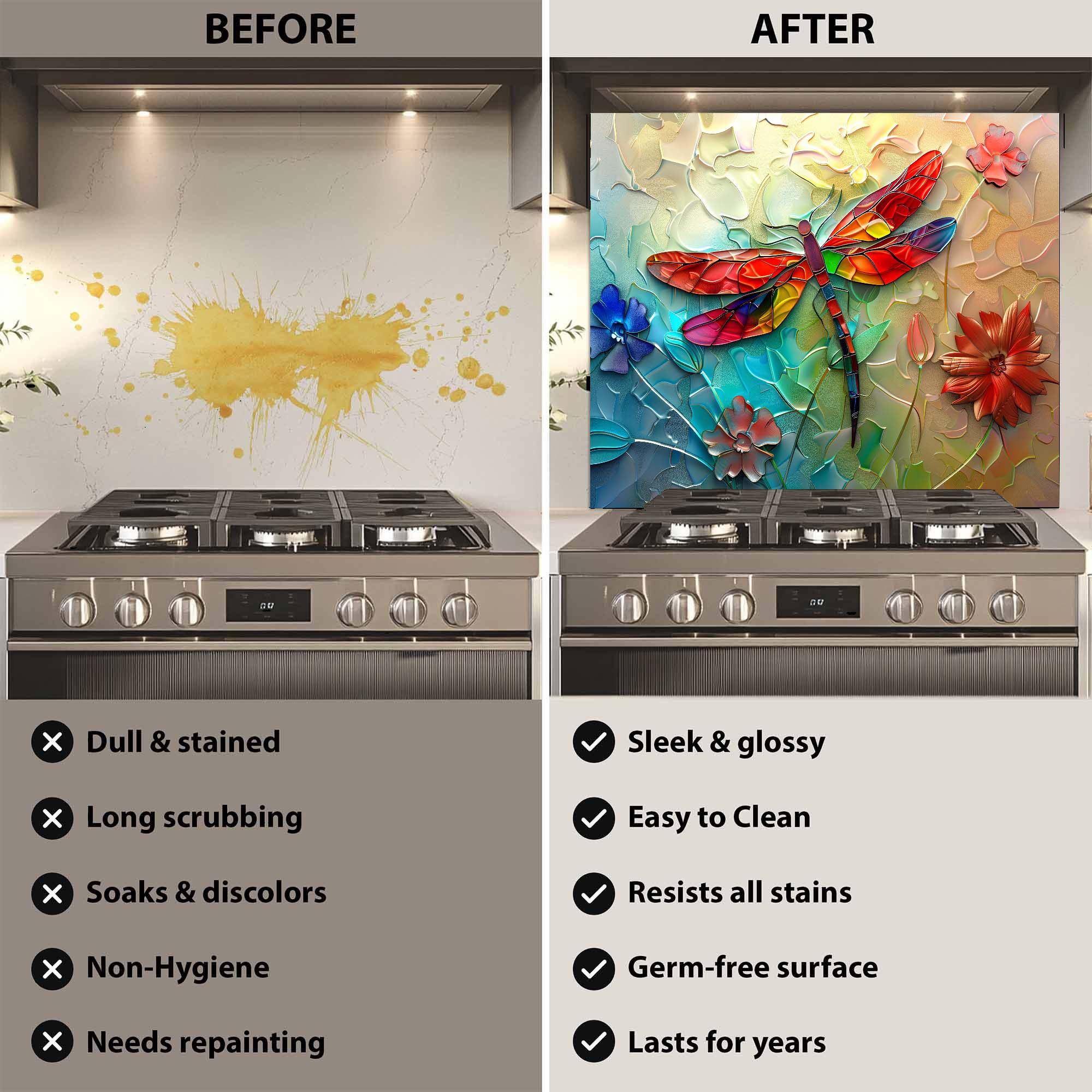 Custom Kitchen Backsplash – Rainbow Dragonfly Tempered Glass Stove Backsplash