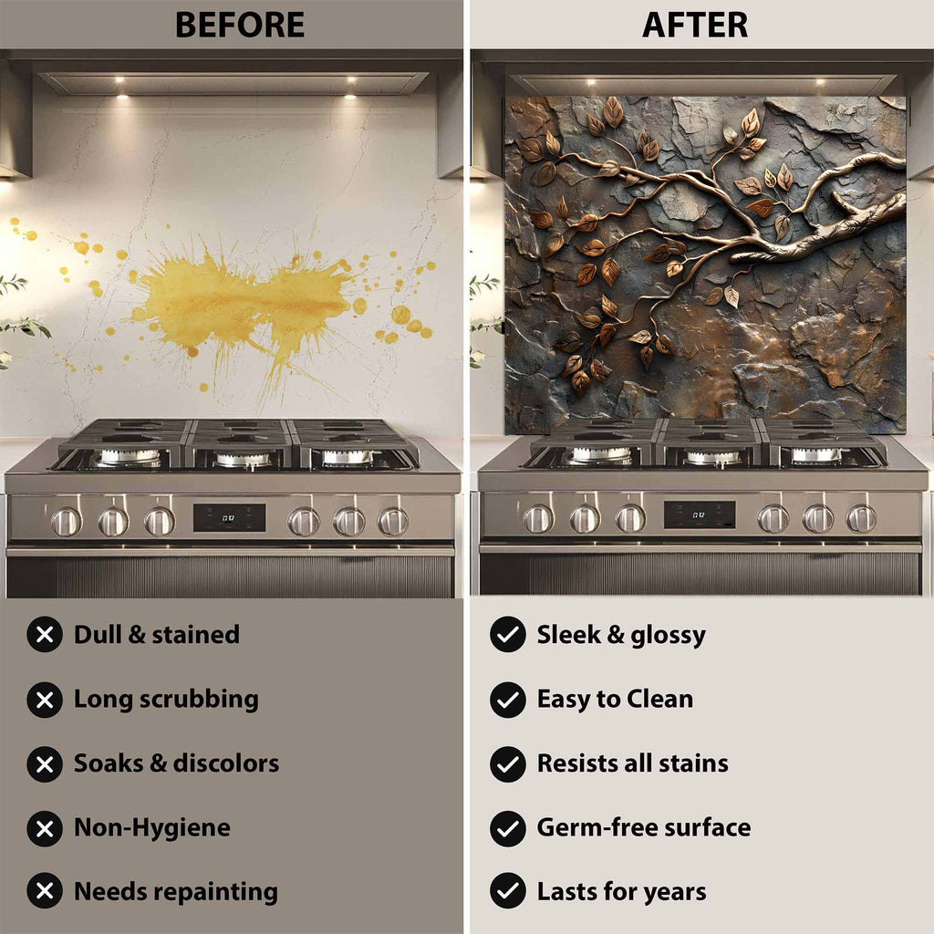 Custom Kitchen Backsplash – Bronze Branches Tempered Glass Stove Backsplash