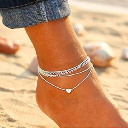 Tobillera de Corazón Plateado Bohemio con Cadenas Múltiples