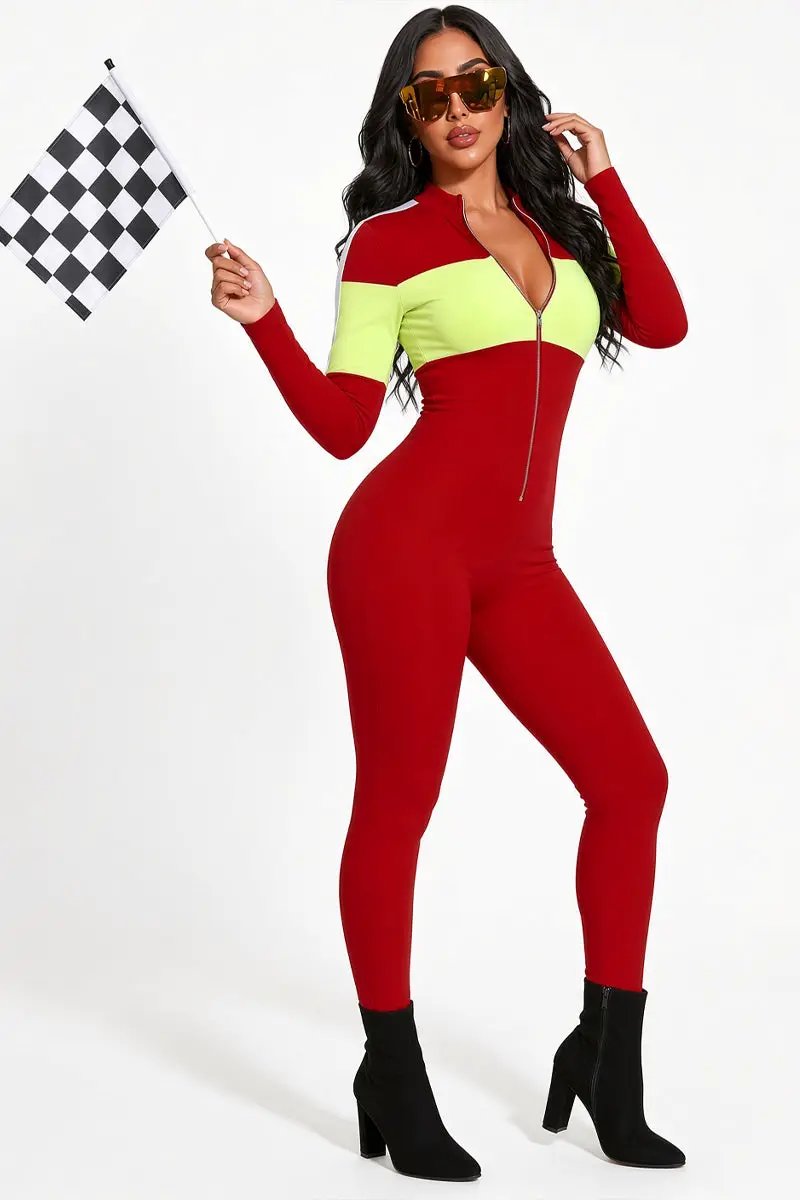 Red White Neon Zipper Race Car Driver Racer Sexy Costume