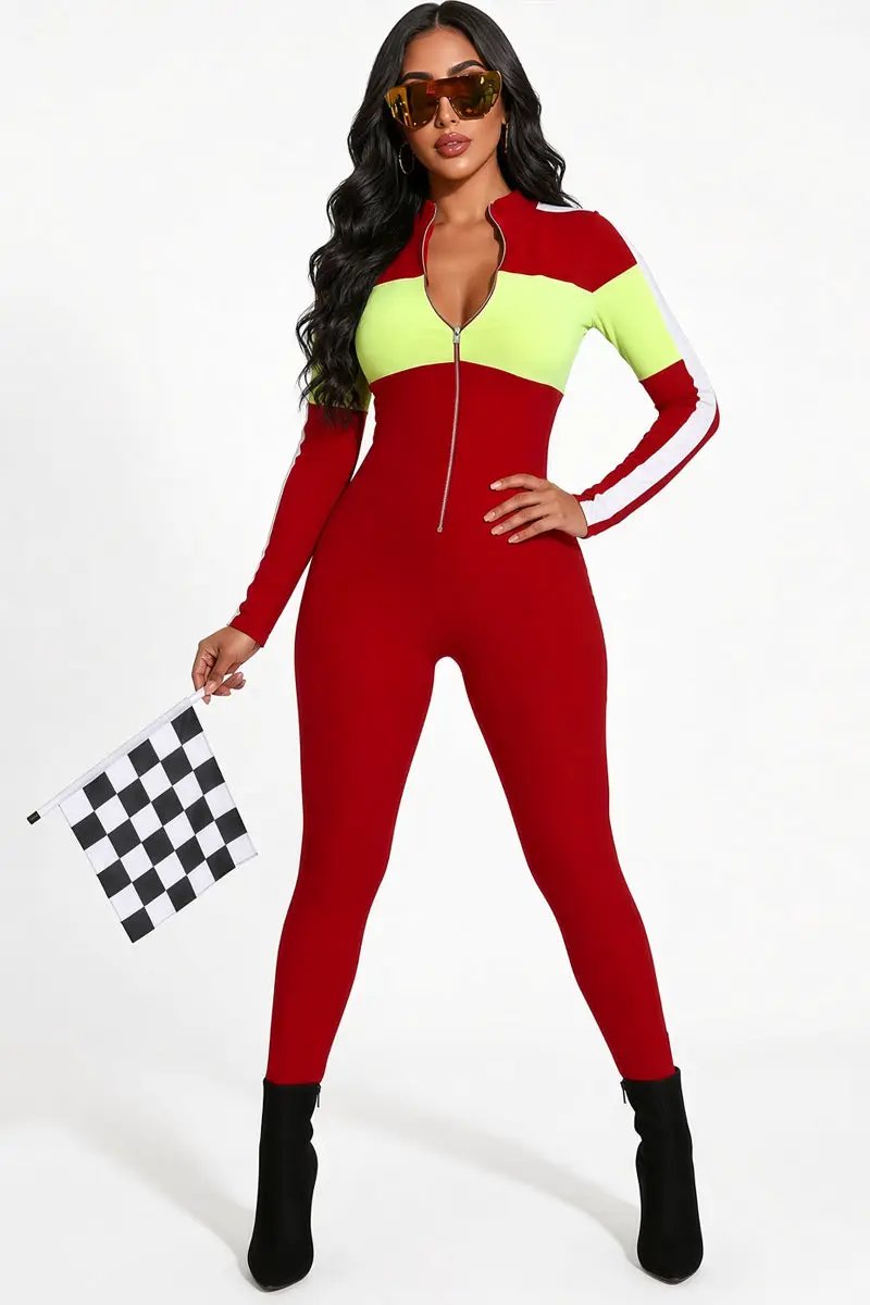 Red White Neon Zipper Race Car Driver Racer Sexy Costume