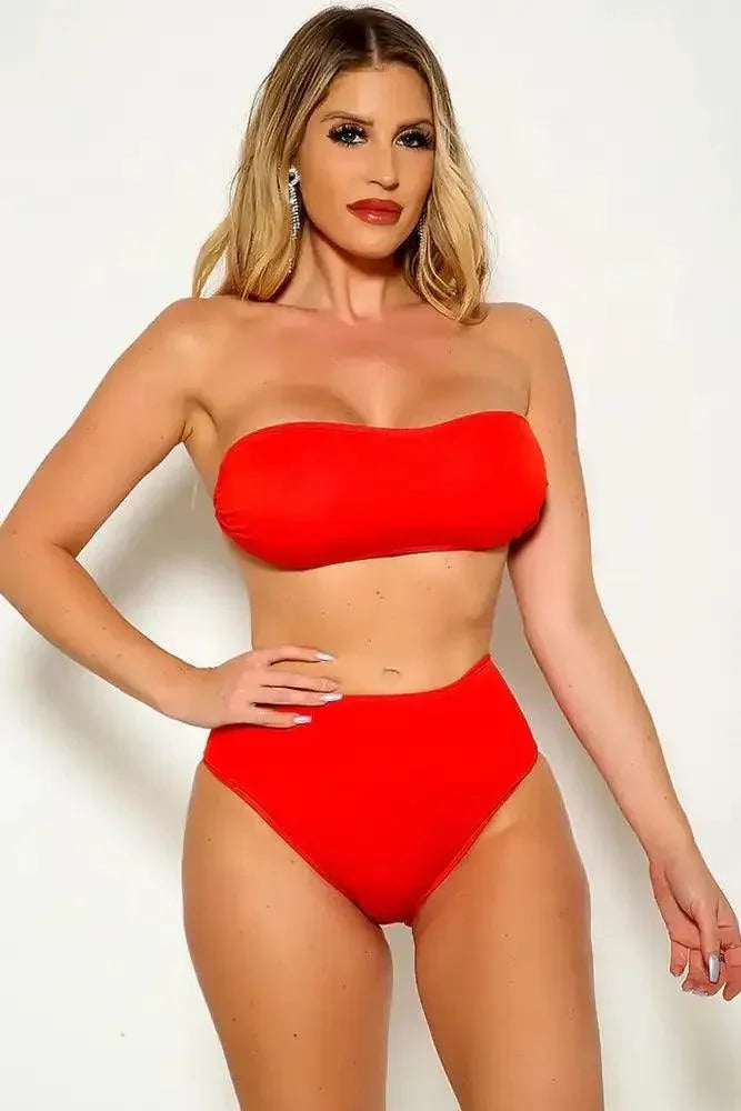 Red Bandeau Sexy High Waist Swimsuit