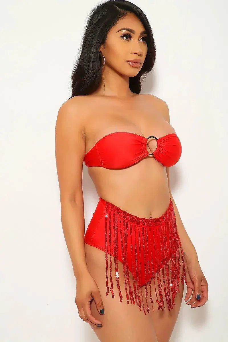Red Fringe Sequins Bandeau Two Piece Swimsuit