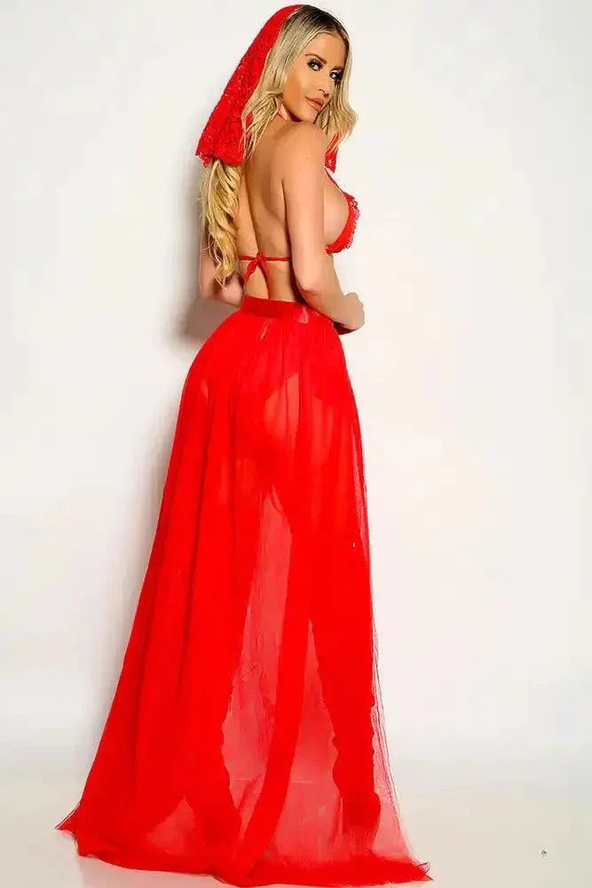 Red Halter Lace Trim Halter Bride 4 Piece Movie Costume