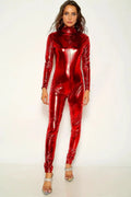 Red Long Sleeve Zip Up Faux Leather Jumpsuit