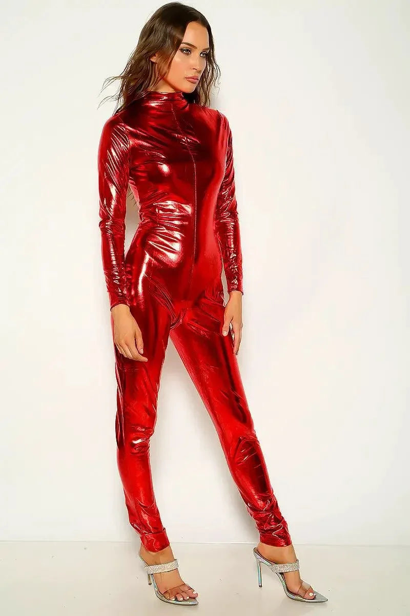 Red Long Sleeve Zip Up Faux Leather Jumpsuit