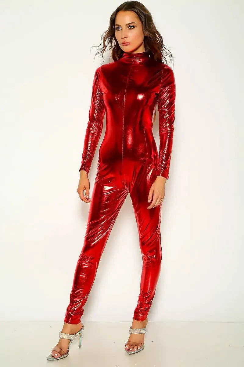 Red Long Sleeve Zip Up Faux Leather Jumpsuit