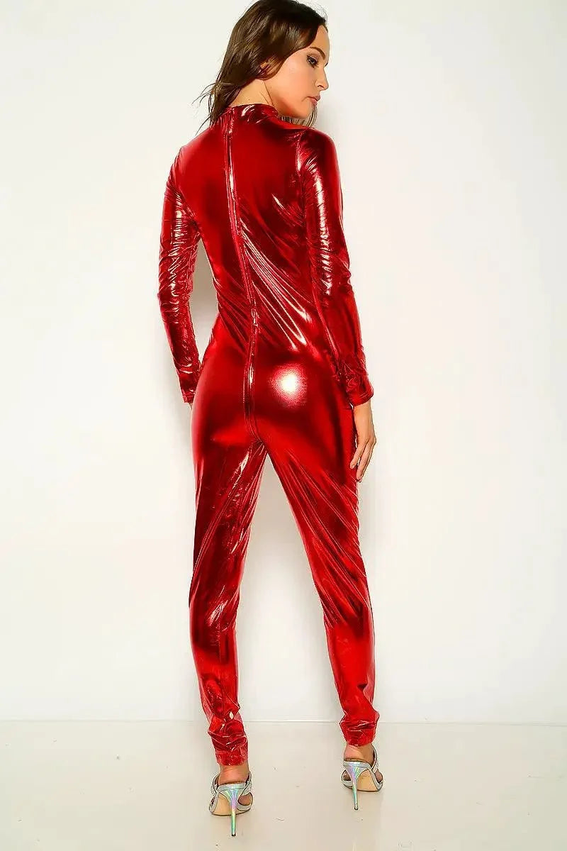Red Long Sleeve Zip Up Faux Leather Jumpsuit