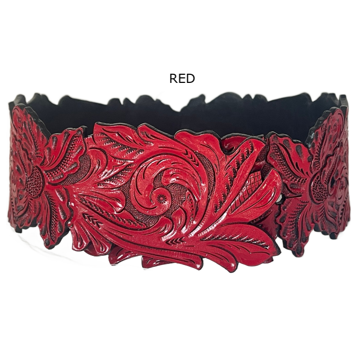 Hand-Tooled Leather Belt “Lauren” – Western Cowgirl Belt, Floral Design, Multiple Colors